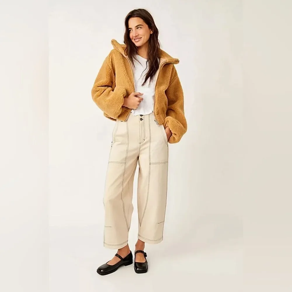 NWT Free People Get Cozy Teddy Full Zip Jacket in Camel Tan - Picture 2 of 12